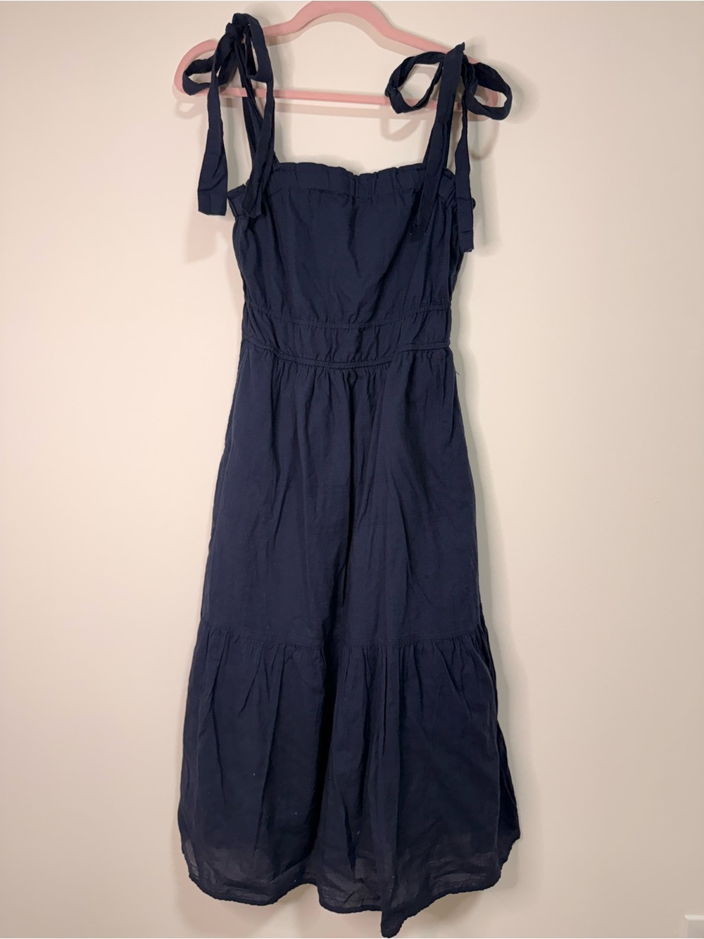Tie-Shoulder Navy Midi Dress with Smocked Bodice